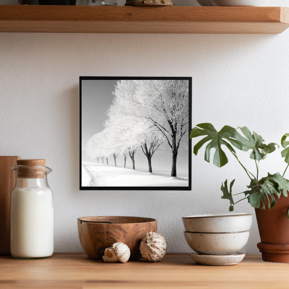 Frosted Trees Wall Art, Black and White Framed Canvas, Snowy Landscape Print, Minimalist Winter Artwork, Scandinavian Calm Nature Decor