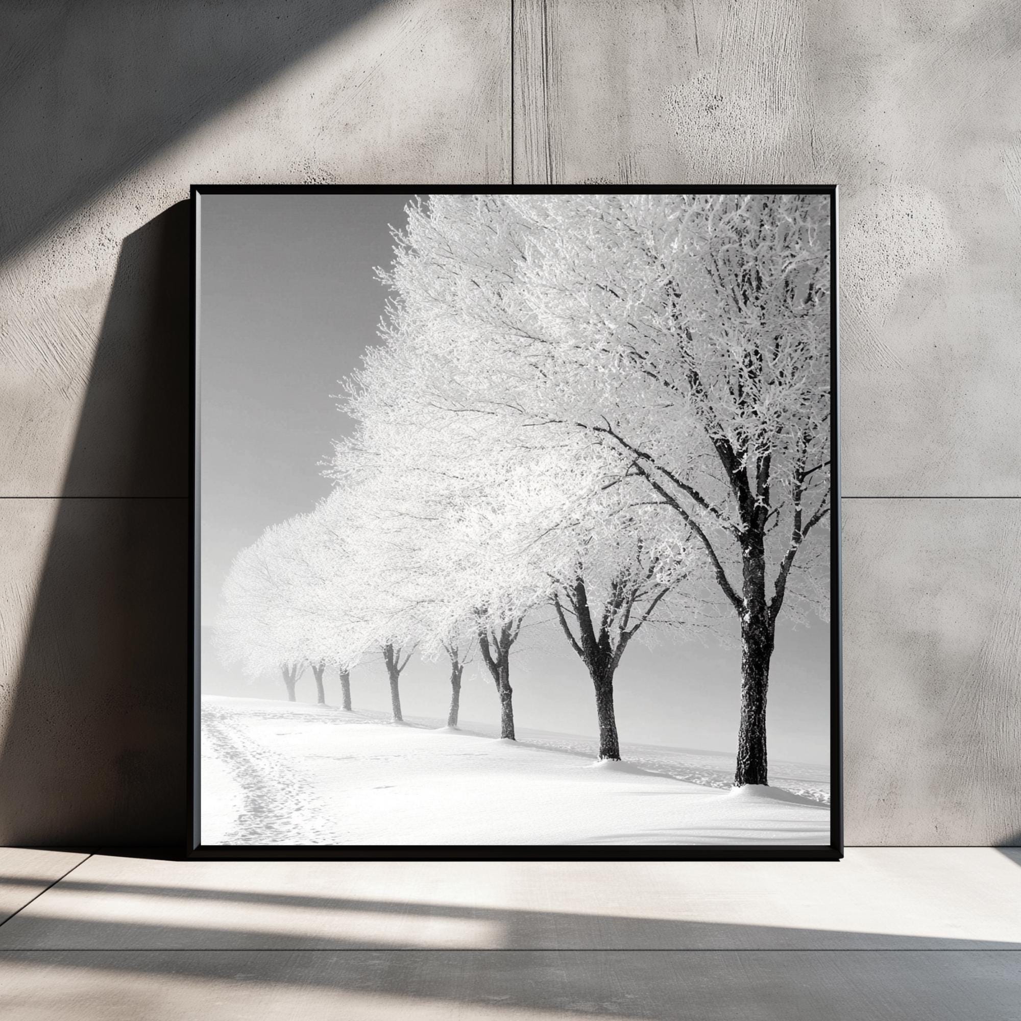 Frosted Trees Wall Art, Black and White Framed Canvas, Snowy Landscape Print, Minimalist Winter Artwork, Scandinavian Calm Nature Decor