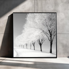 Frosted Trees Wall Art, Black and White Framed Canvas, Snowy Landscape Print, Minimalist Winter Artwork, Scandinavian Calm Nature Decor