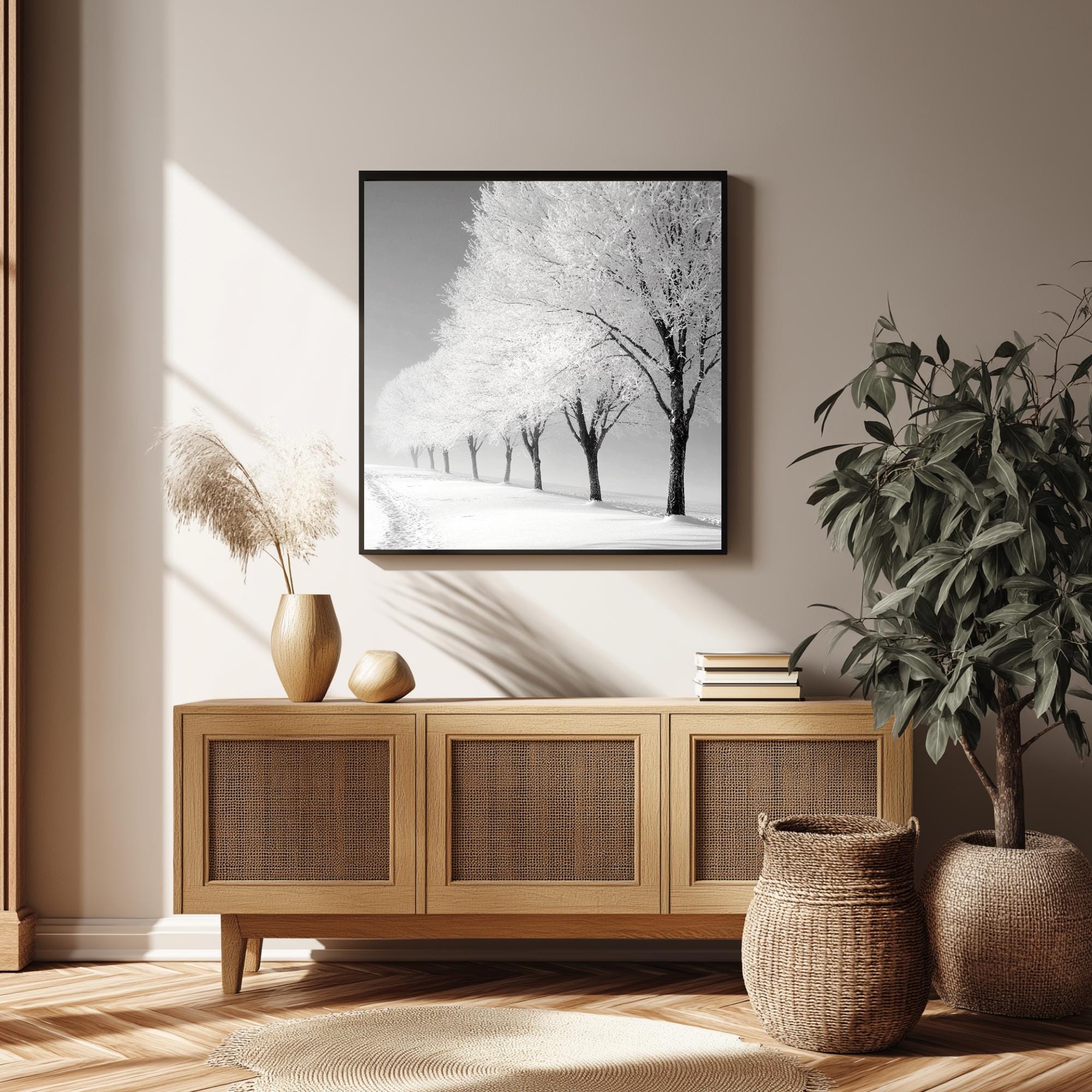 Frosted Trees Wall Art, Black and White Framed Canvas, Snowy Landscape Print, Minimalist Winter Artwork, Scandinavian Calm Nature Decor