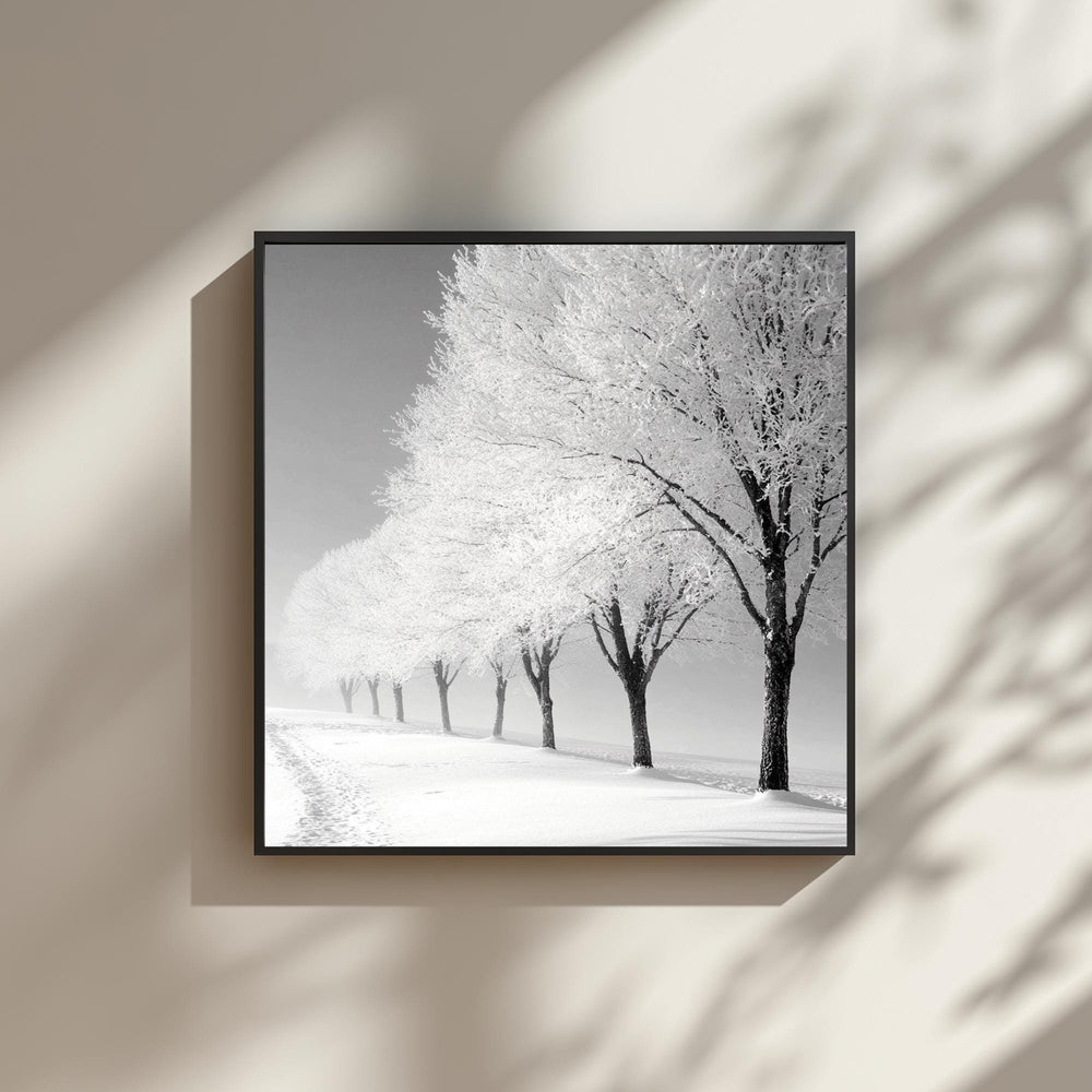 Frosted Trees Wall Art, Black and White Framed Canvas, Snowy Landscape Print, Minimalist Winter Artwork, Scandinavian Calm Nature Decor