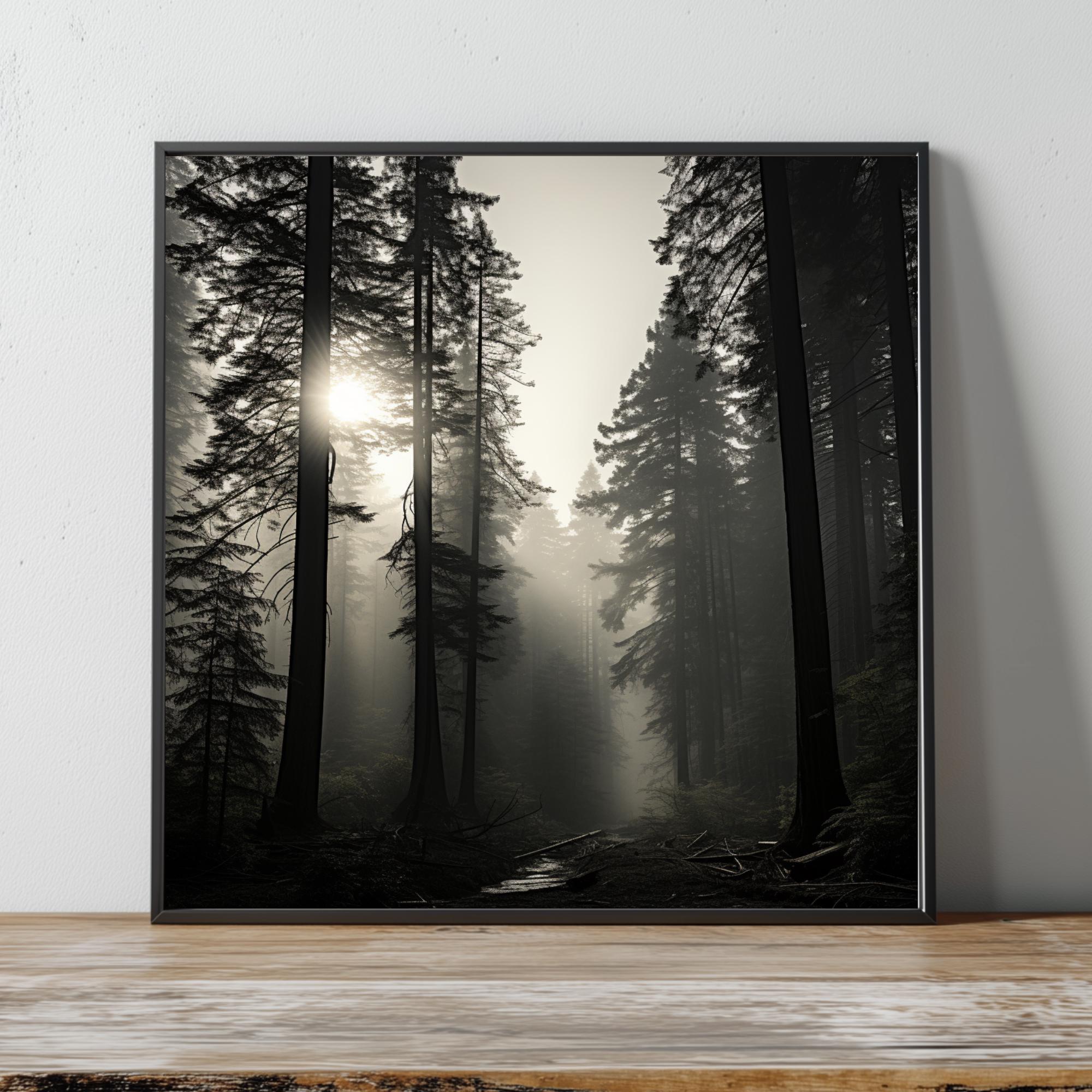 Redwood Forest Wall Art, Misty Tree Landscape Print, Sunlight Through Trees Poster, Calm Nature Home Decor, Black and White Framed Canvas