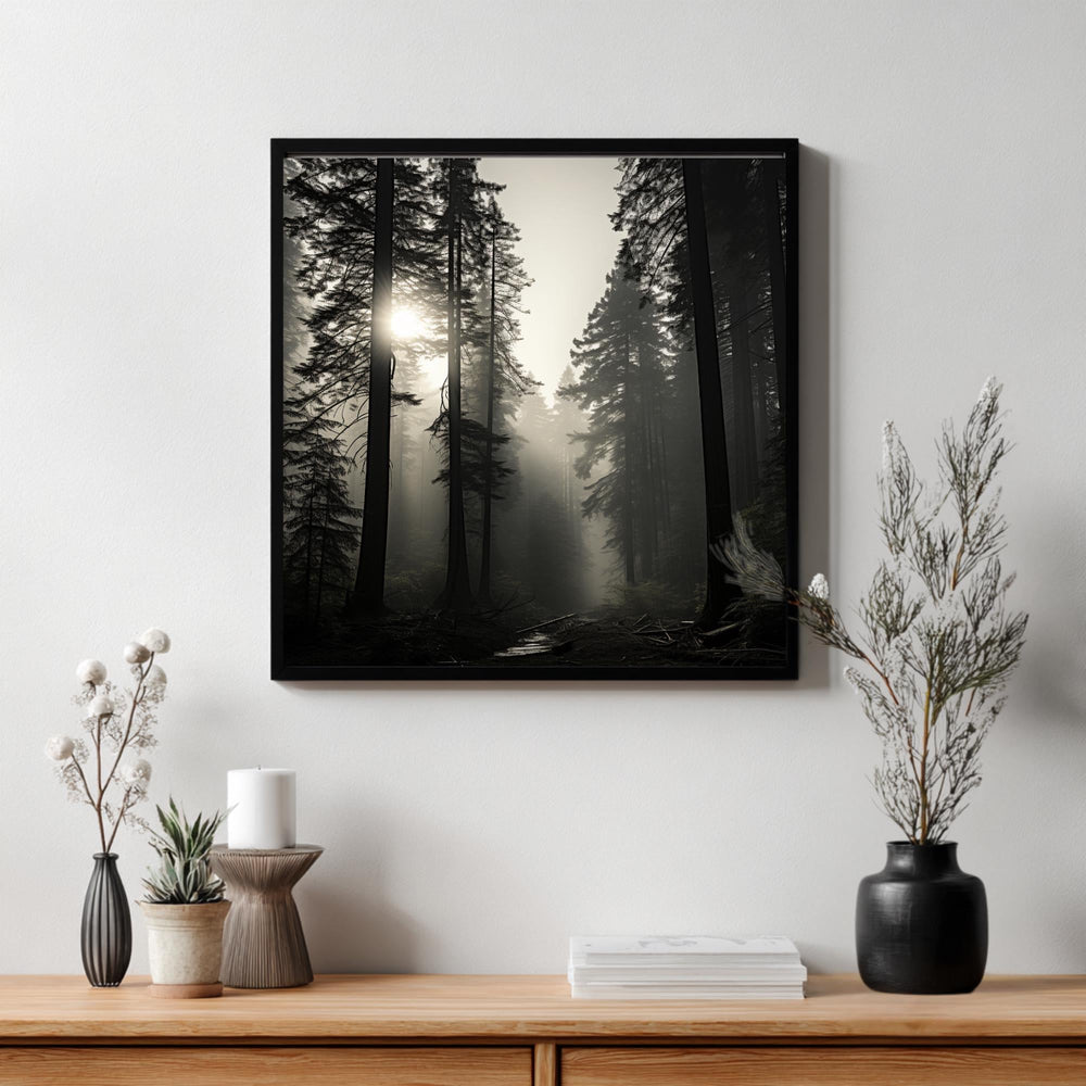 Redwood Forest Wall Art, Misty Tree Landscape Print, Sunlight Through Trees Poster, Calm Nature Home Decor, Black and White Framed Canvas