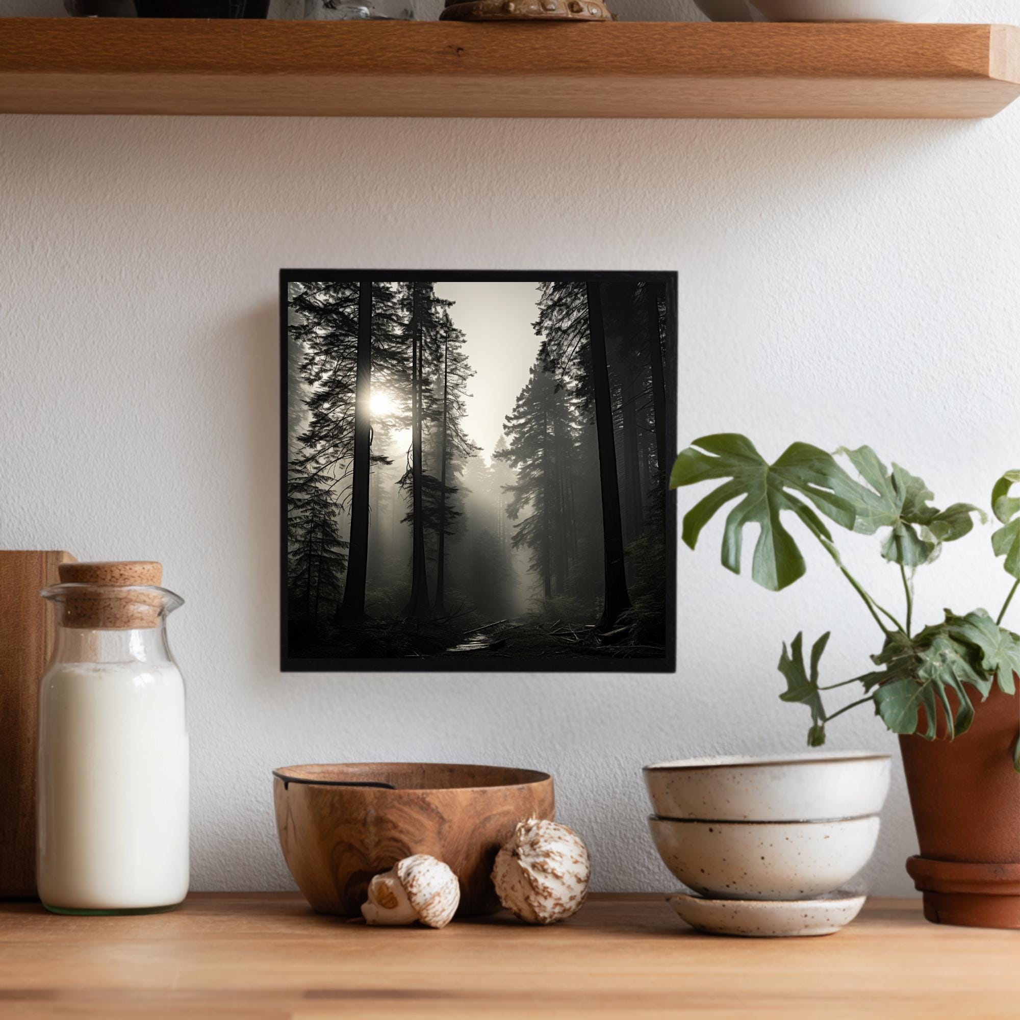 Redwood Forest Wall Art, Misty Tree Landscape Print, Sunlight Through Trees Poster, Calm Nature Home Decor, Black and White Framed Canvas