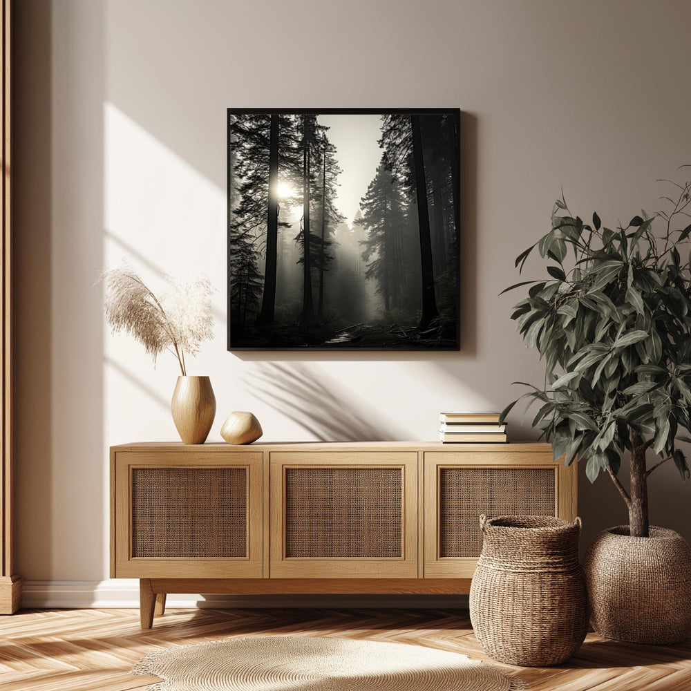 Redwood Forest Wall Art, Misty Tree Landscape Print, Sunlight Through Trees Poster, Calm Nature Home Decor, Black and White Framed Canvas