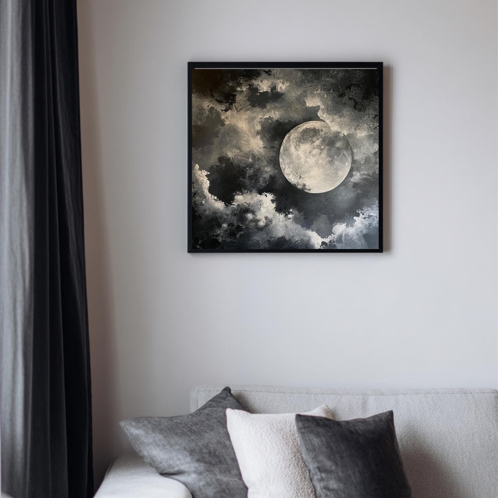 Full Moon Wall Art, Celestial Night Sky Print, Lunar Cloudscape Poster, Mystical Minimalist Home Decor, Black and White Framed Canvas