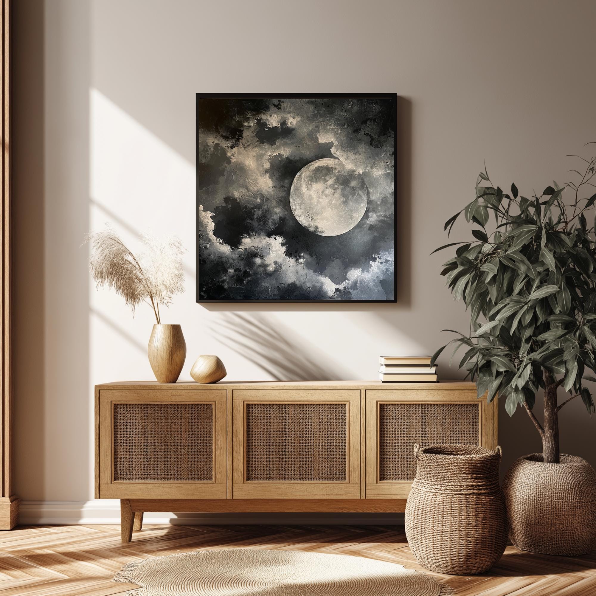 Full Moon Wall Art, Celestial Night Sky Print, Lunar Cloudscape Poster, Mystical Minimalist Home Decor, Black and White Framed Canvas
