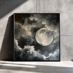 Full Moon Wall Art, Celestial Night Sky Print, Lunar Cloudscape Poster, Mystical Minimalist Home Decor, Black and White Framed Canvas