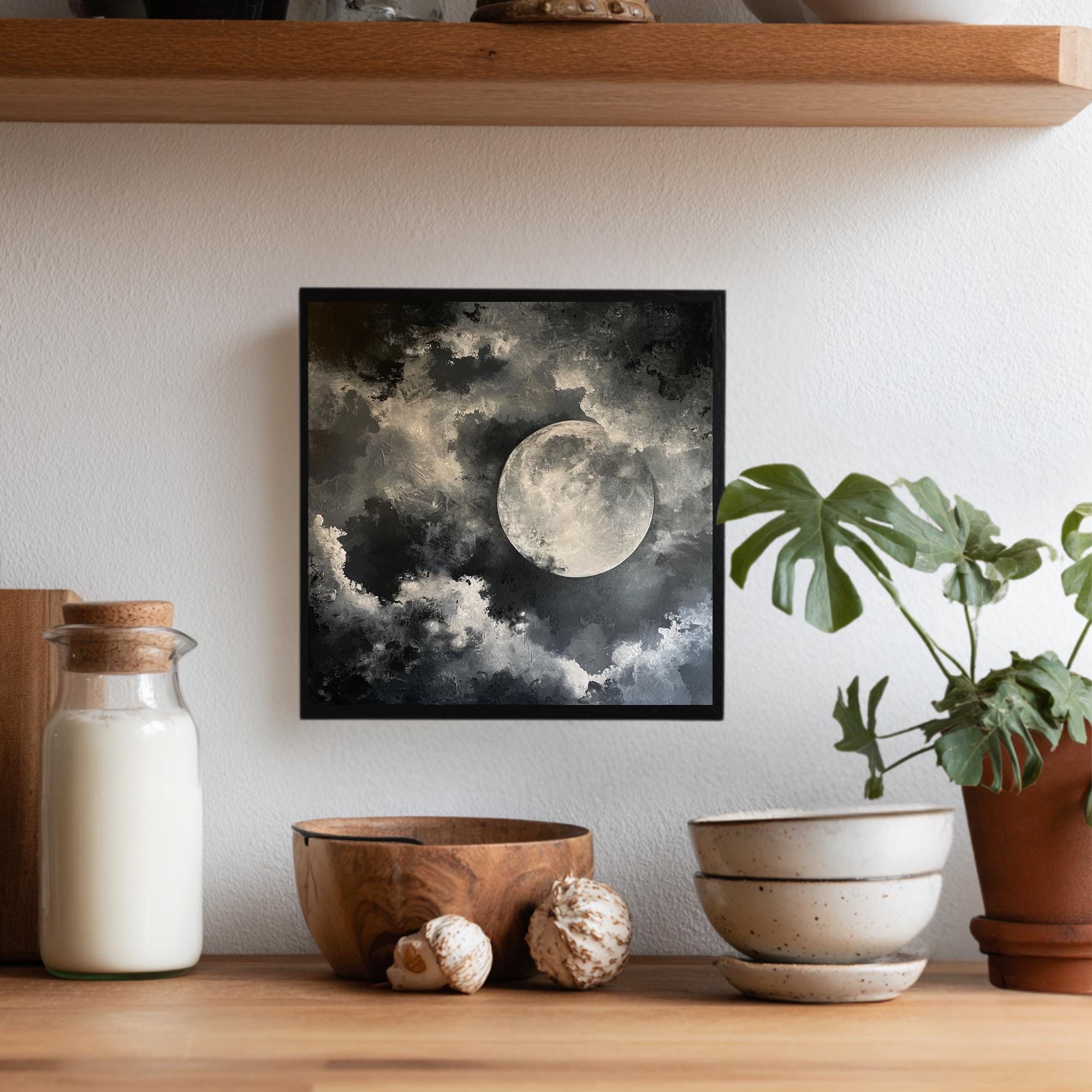 Full Moon Wall Art, Celestial Night Sky Print, Lunar Cloudscape Poster, Mystical Minimalist Home Decor, Black and White Framed Canvas