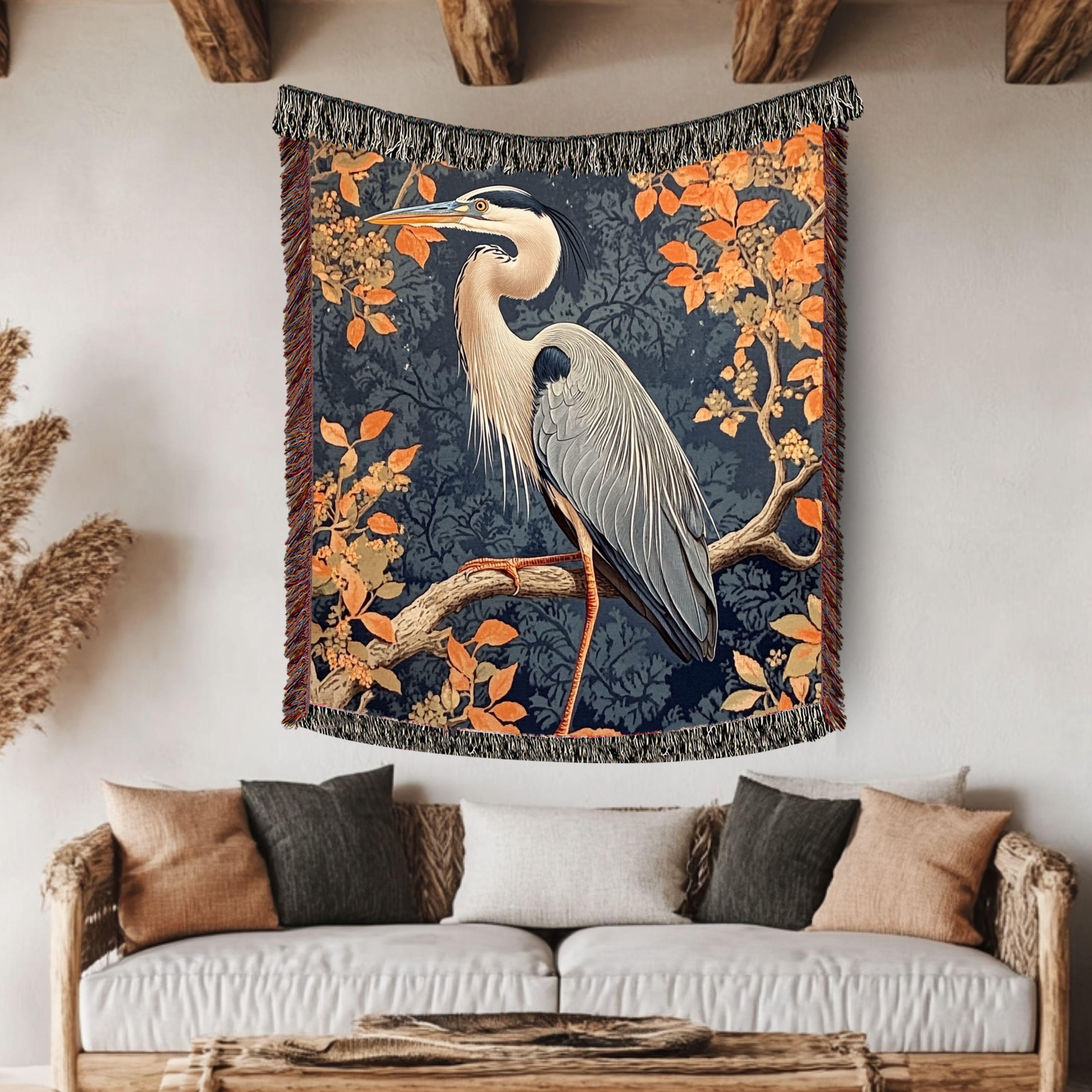 Great Blue Heron Woven Blanket, Autumn Bird Art Tapestry Throw, Nature-Inspired Decor, Elegant Wildlife Blanket, Cozy Rustic Home Accent