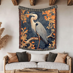 Great Blue Heron Woven Blanket, Autumn Bird Art Tapestry Throw, Nature-Inspired Decor, Elegant Wildlife Blanket, Cozy Rustic Home Accent