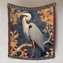 Great Blue Heron Woven Blanket, Autumn Bird Art Tapestry Throw, Nature-Inspired Decor, Elegant Wildlife Blanket, Cozy Rustic Home Accent