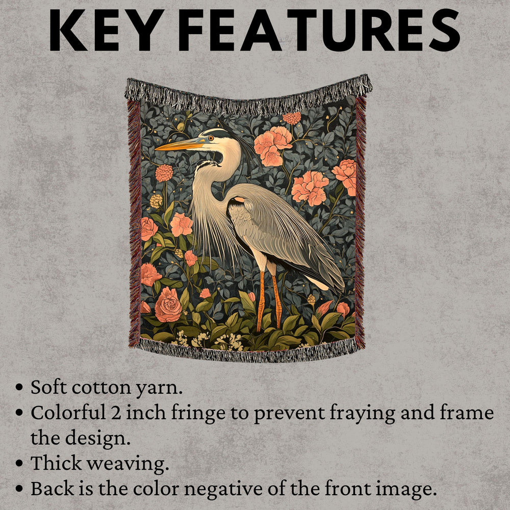 Great Blue Heron Woven Blanket, Autumn Bird Art Tapestry Throw, Nature-Inspired Decor, Elegant Wildlife Blanket, Cozy Rustic Home Accent