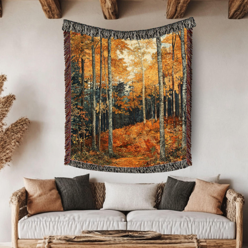 Golden Forest Woven Blanket, Autumn Woods Landscape Throw, Cozy Nature-Inspired Tapestry, Rustic Woodland Decor, Warm Fall Home Accent
