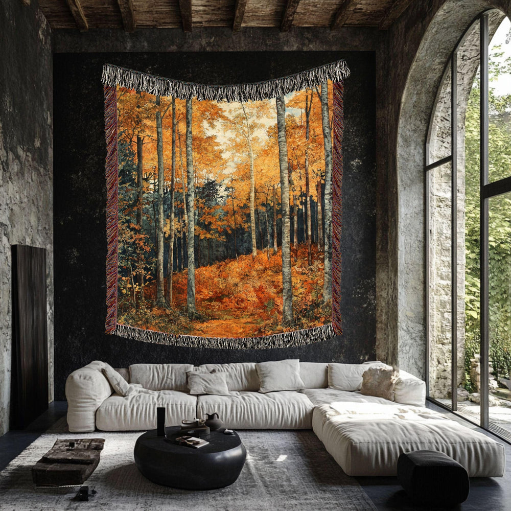 Golden Forest Woven Blanket, Autumn Woods Landscape Throw, Cozy Nature-Inspired Tapestry, Rustic Woodland Decor, Warm Fall Home Accent