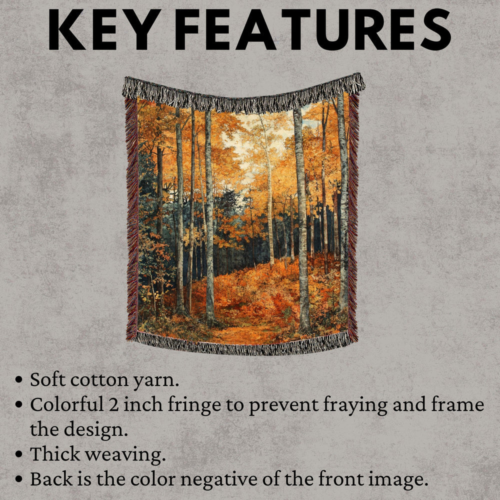 Golden Forest Woven Blanket, Autumn Woods Landscape Throw, Cozy Nature-Inspired Tapestry, Rustic Woodland Decor, Warm Fall Home Accent