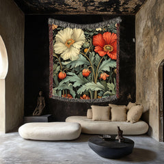 Poppy Garden Woven Blanket, Botanical Floral Throw, Nature-Inspired Tapestry, Rustic Flower Home Decor, Cozy Cottage Garden Gift Idea