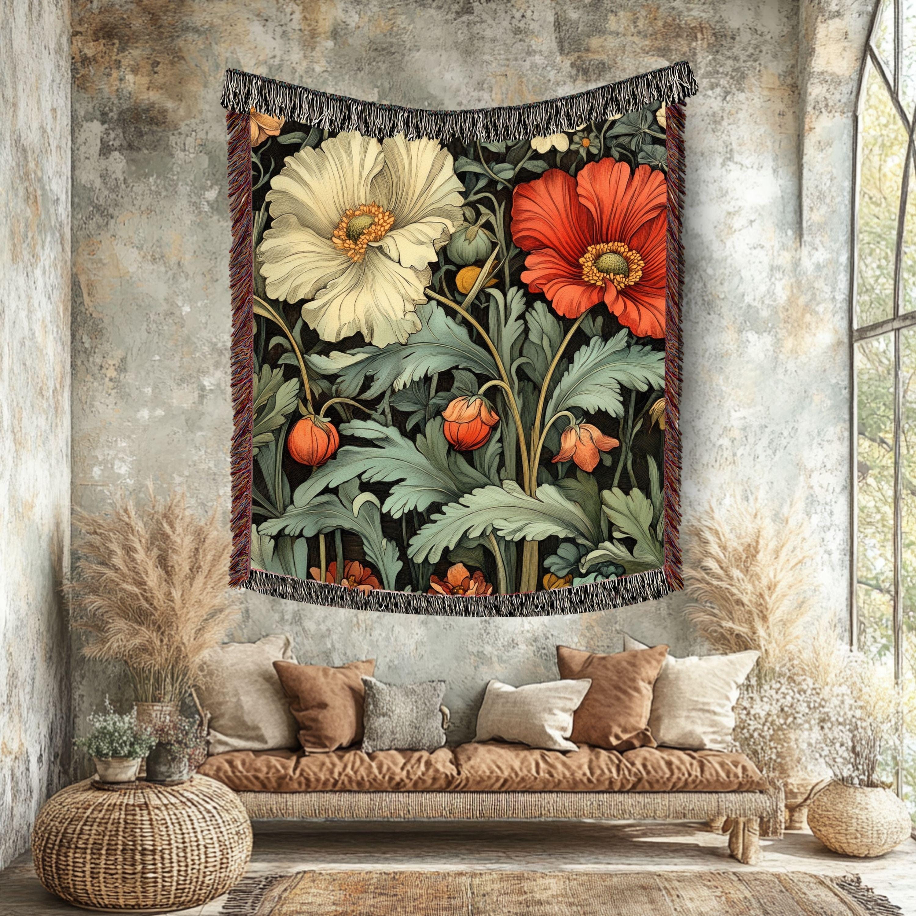 Poppy Garden Woven Blanket, Botanical Floral Throw, Nature-Inspired Tapestry, Rustic Flower Home Decor, Cozy Cottage Garden Gift Idea