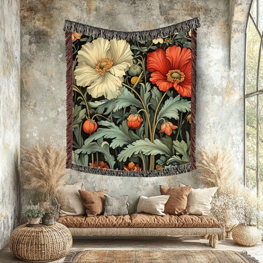 Poppy Garden Woven Blanket, Botanical Floral Throw, Nature-Inspired Tapestry, Rustic Flower Home Decor, Cozy Cottage Garden Gift Idea