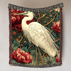 White Heron Garden Woven Blanket, Nature-Inspired Bird Throw, Botanical Floral Tapestry, Elegant Wildlife Art, Cozy Rustic Home Accent