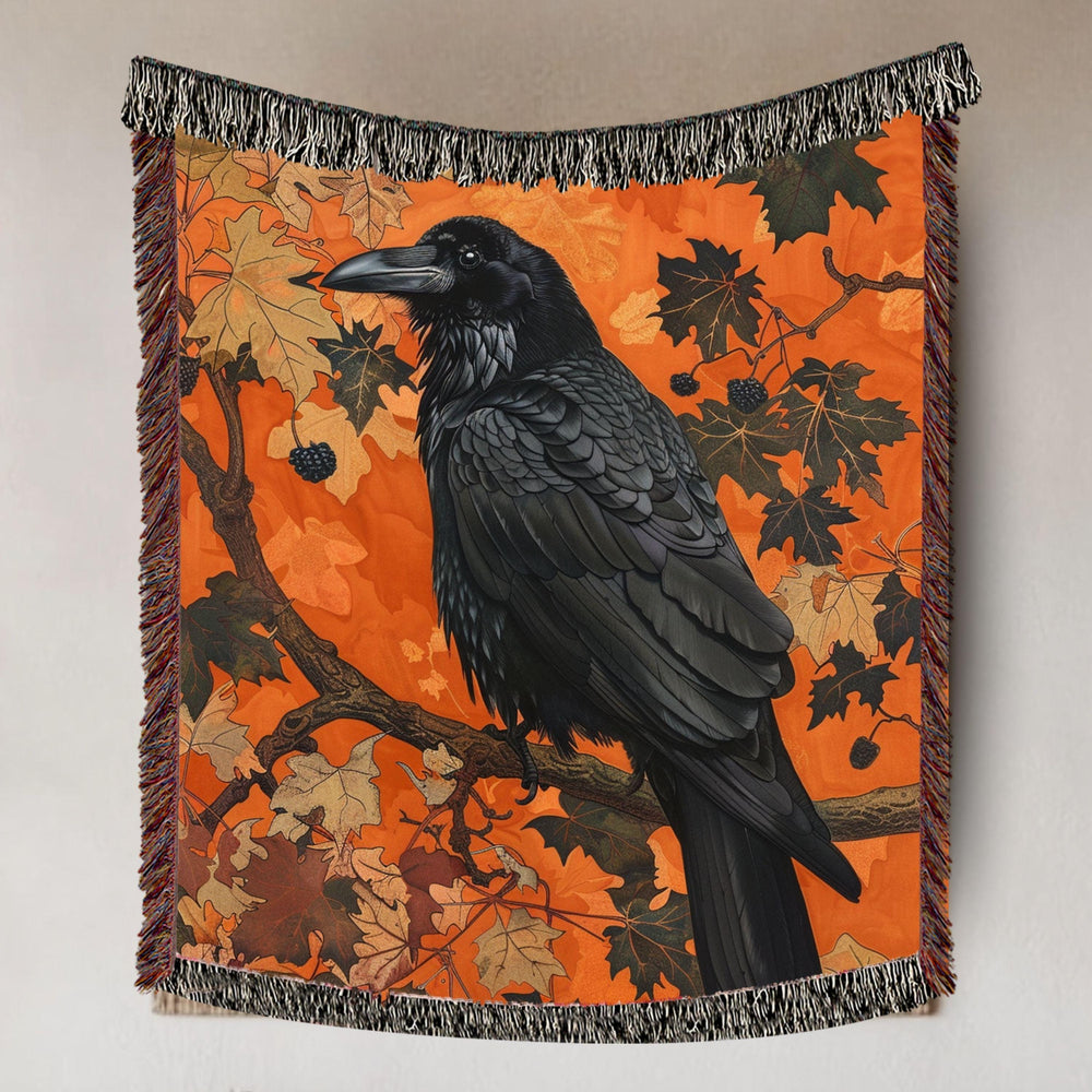 Black Raven Woven Blanket, Autumn Nature-Inspired Tapestry, Mystical Bird Art Throw, Rustic Woodland Decor, Cozy Halloween Accent Gift