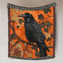 Black Raven Woven Blanket, Autumn Nature-Inspired Tapestry, Mystical Bird Art Throw, Rustic Woodland Decor, Cozy Halloween Accent Gift