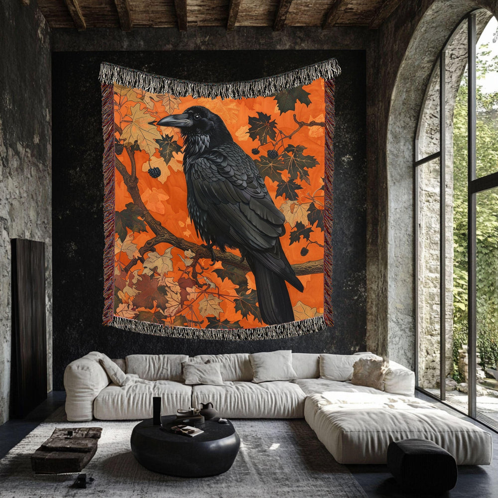 Black Raven Woven Blanket, Autumn Nature-Inspired Tapestry, Mystical Bird Art Throw, Rustic Woodland Decor, Cozy Halloween Accent Gift