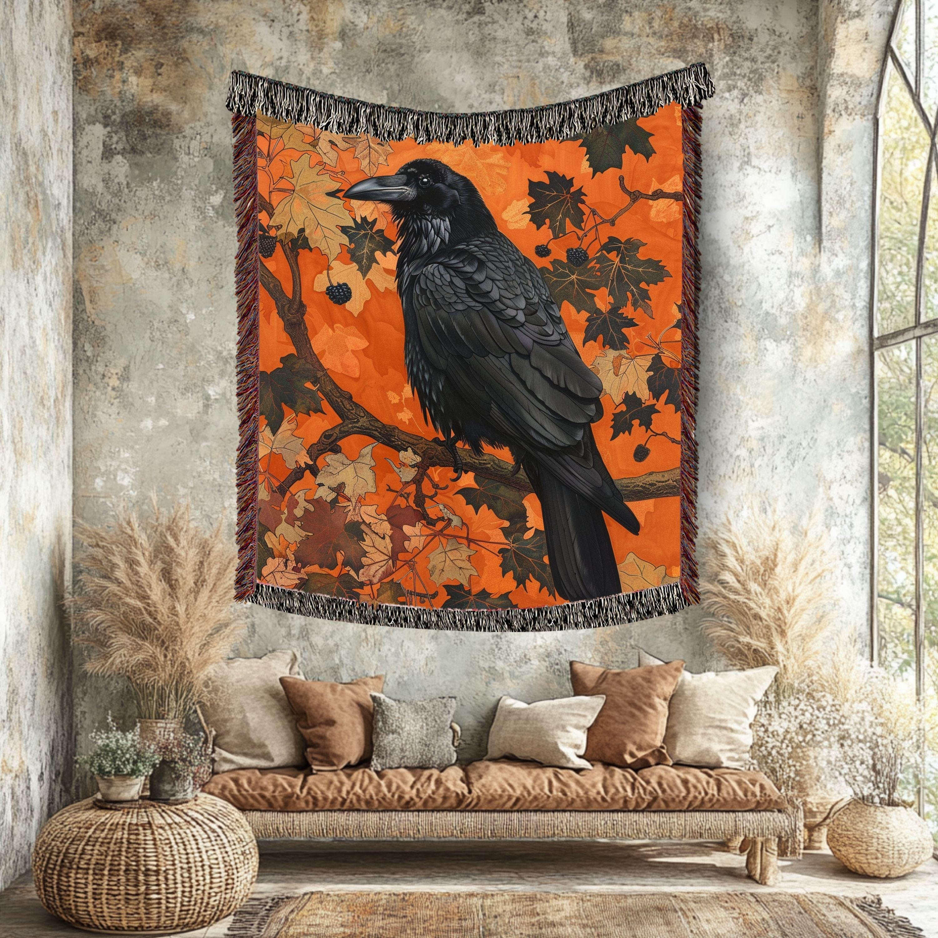 Black Raven Woven Blanket, Autumn Nature-Inspired Tapestry, Mystical Bird Art Throw, Rustic Woodland Decor, Cozy Halloween Accent Gift