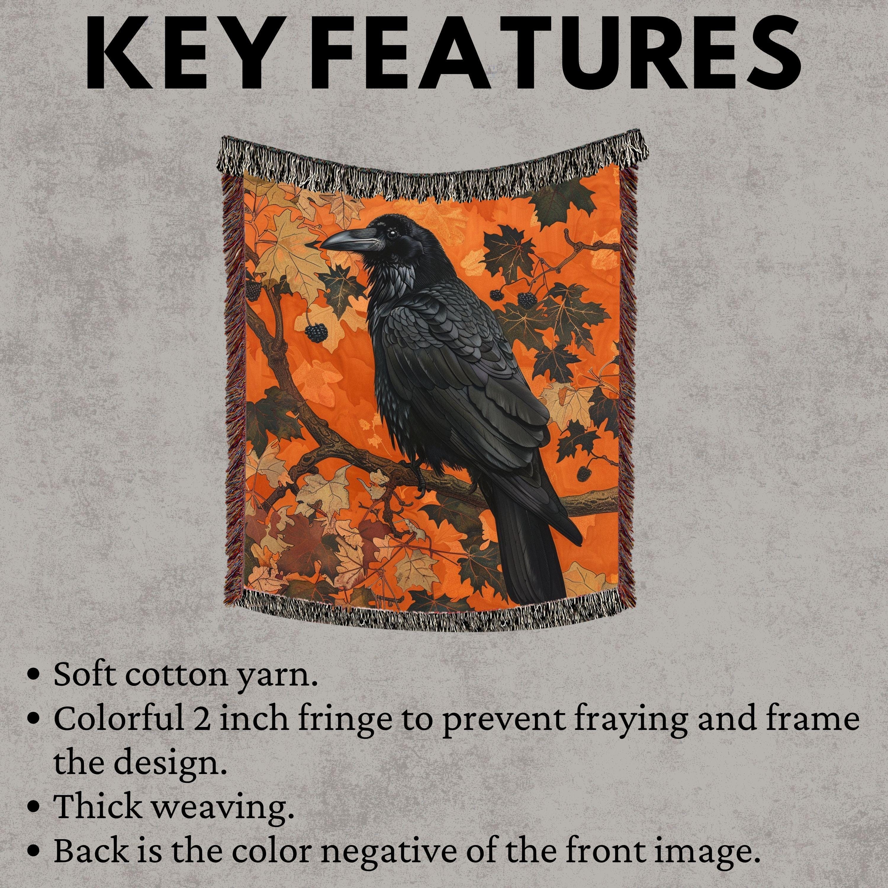 Black Raven Woven Blanket, Autumn Nature-Inspired Tapestry, Mystical Bird Art Throw, Rustic Woodland Decor, Cozy Halloween Accent Gift
