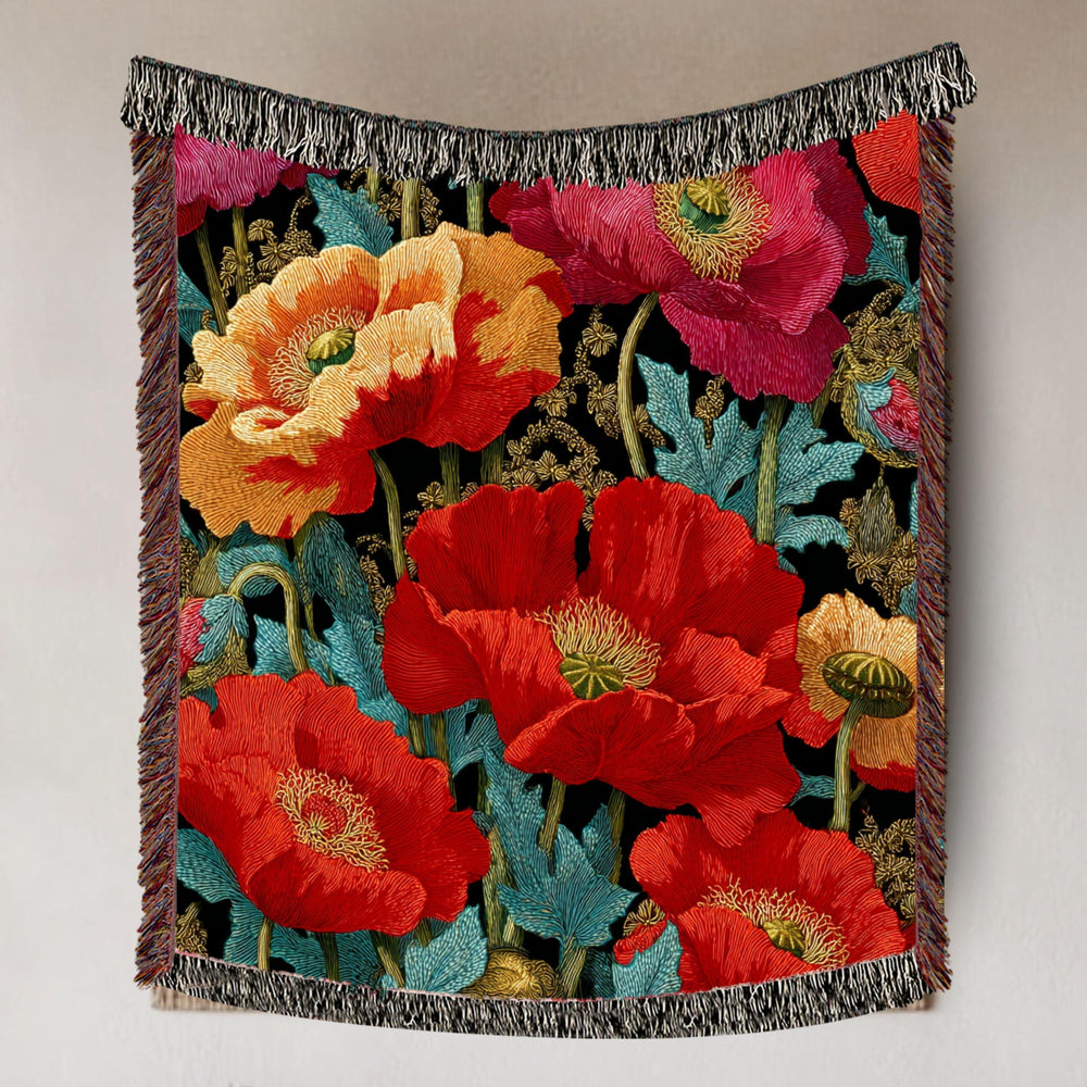Vibrant Poppy Woven Blanket, Botanical Floral Tapestry Throw, Bold Nature-Inspired Art, Colorful Home Accent, Garden-Inspired Cozy Gift