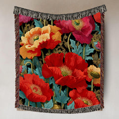 Vibrant Poppy Woven Blanket, Botanical Floral Tapestry Throw, Bold Nature-Inspired Art, Colorful Home Accent, Garden-Inspired Cozy Gift