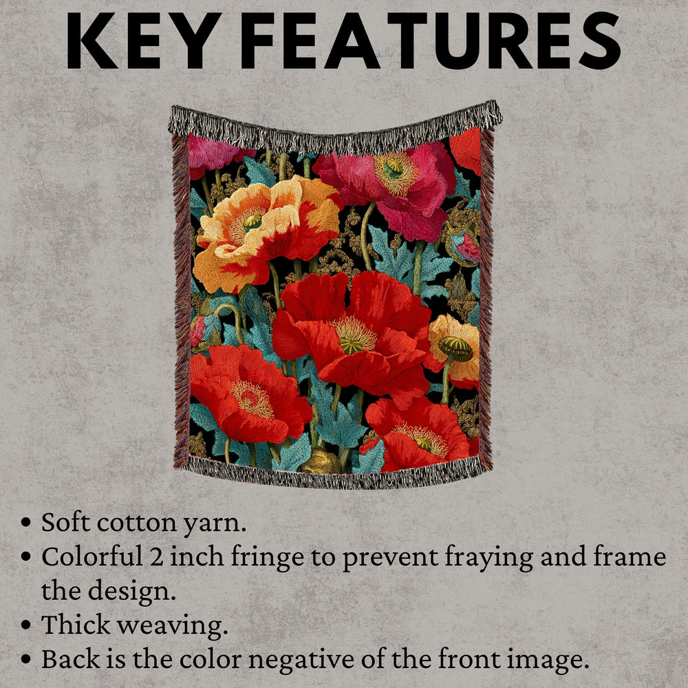 Vibrant Poppy Woven Blanket, Botanical Floral Tapestry Throw, Bold Nature-Inspired Art, Colorful Home Accent, Garden-Inspired Cozy Gift