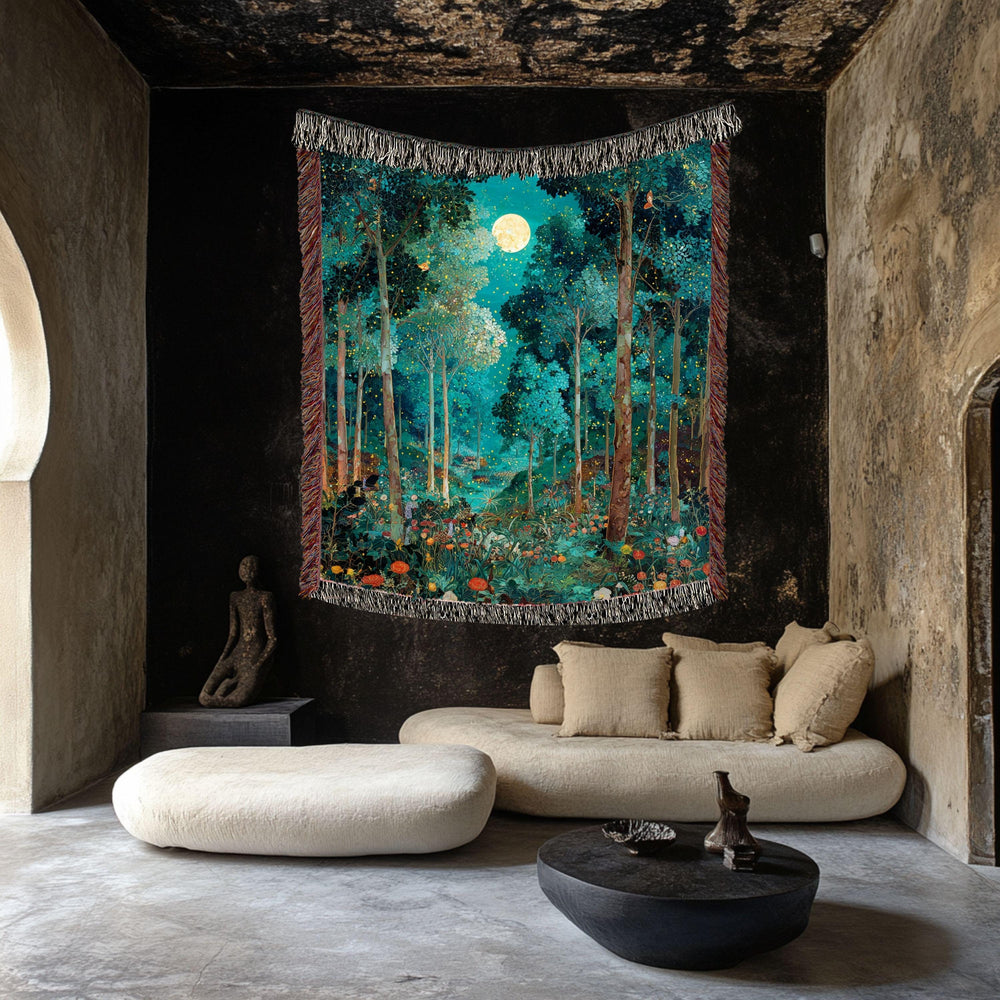Moonlit Forest Woven Blanket, Enchanted Night Tapestry Throw, Celestial Woodland Decor, Firefly Forest Art, Mystical Cozy Home Accent Gift