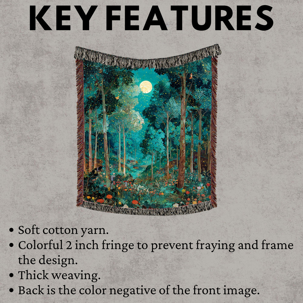 Moonlit Forest Woven Blanket, Enchanted Night Tapestry Throw, Celestial Woodland Decor, Firefly Forest Art, Mystical Cozy Home Accent Gift