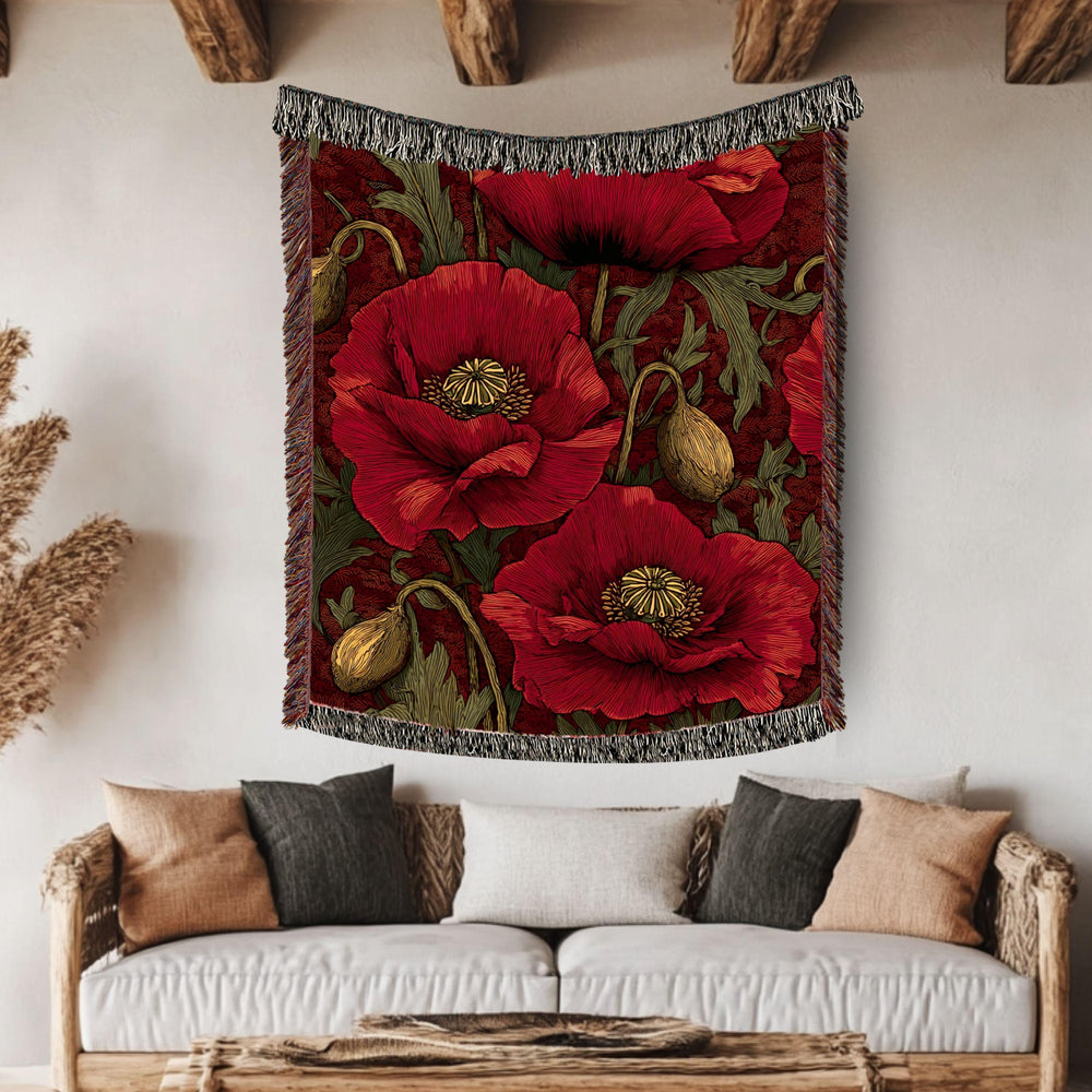 Crimson Poppy Woven Blanket, Vintage Botanical Tapestry, Red Floral Throw, Nature-Inspired Decor, Cozy Cottagecore Garden Gift Accent