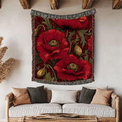 Crimson Poppy Woven Blanket, Vintage Botanical Tapestry, Red Floral Throw, Nature-Inspired Decor, Cozy Cottagecore Garden Gift Accent