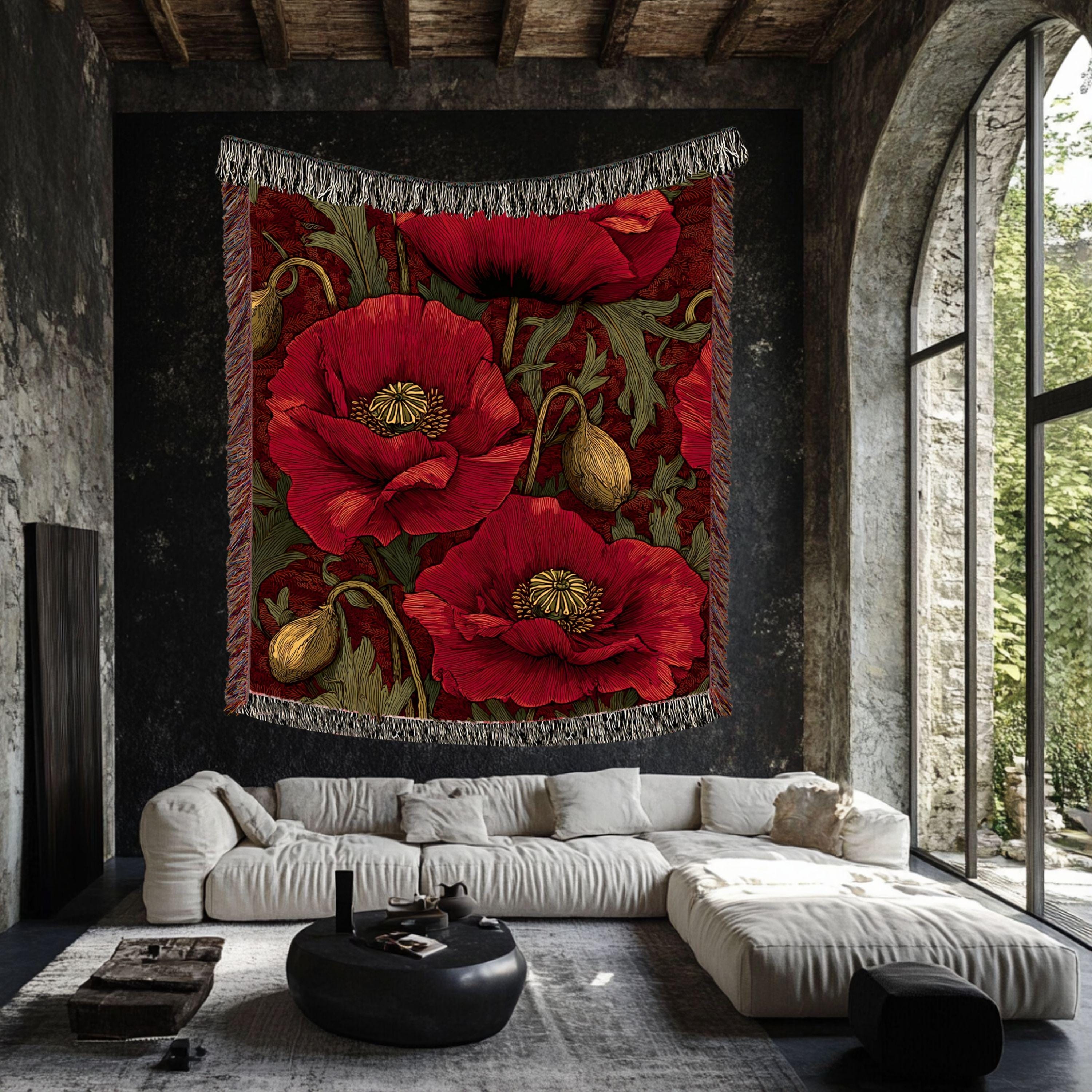 Crimson Poppy Woven Blanket, Vintage Botanical Tapestry, Red Floral Throw, Nature-Inspired Decor, Cozy Cottagecore Garden Gift Accent