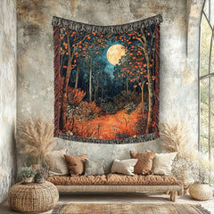 Harvest Moon Woven Blanket, Autumn Forest Tapestry Throw, Nature-Inspired Moonlight Art, Cozy Woodland Decor, Mystical Rustic Home Gift