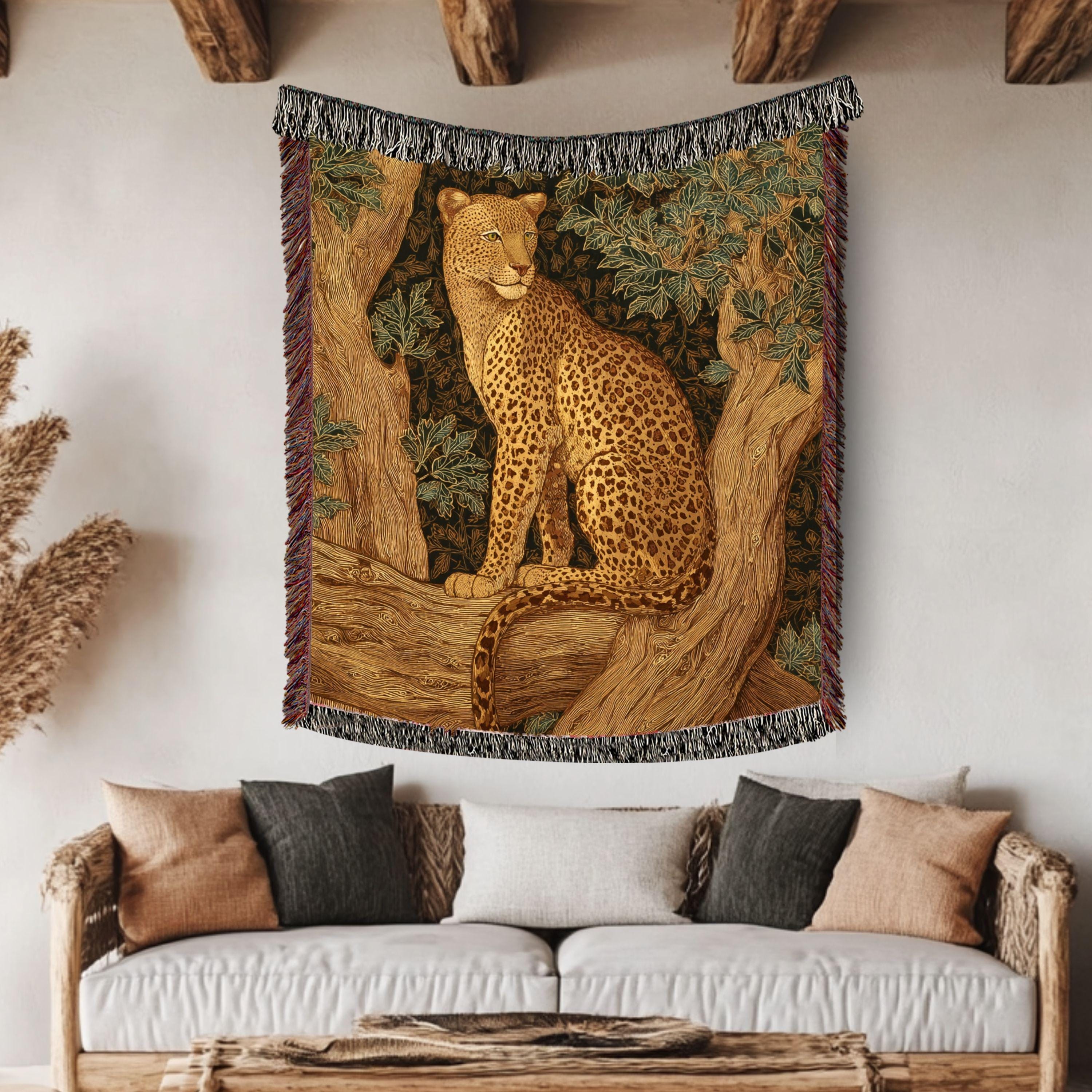 Leopard Woven Blanket, Nature-Inspired Safari Tapestry Throw, Wild Cat Art, Jungle Decor Accent, Cozy Boho Rustic Home Gift Idea