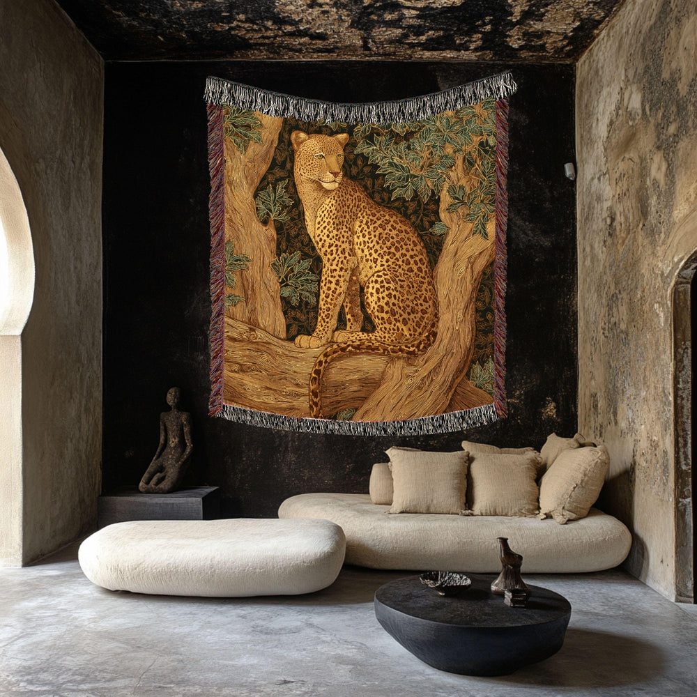 Leopard Woven Blanket, Nature-Inspired Safari Tapestry Throw, Wild Cat Art, Jungle Decor Accent, Cozy Boho Rustic Home Gift Idea