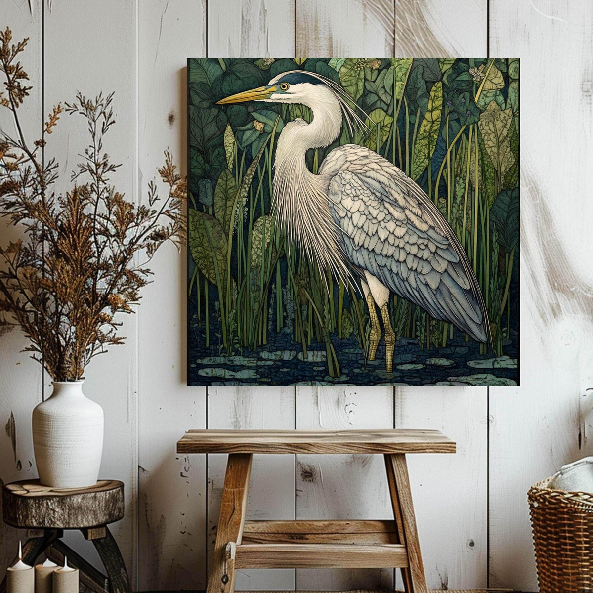 William Morris Heron Canvas Art, Vintage-Inspired Wall Décor, Arts and Crafts Movement Heron Design, Rustic Cottagecore Aesthetic Print