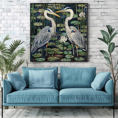Herons Canvas Wall Art, William Morris Style Canvas Art, Vintage Home Decor, Ready to Hang Framed Artwork, Bird Animal Wall Room Decor