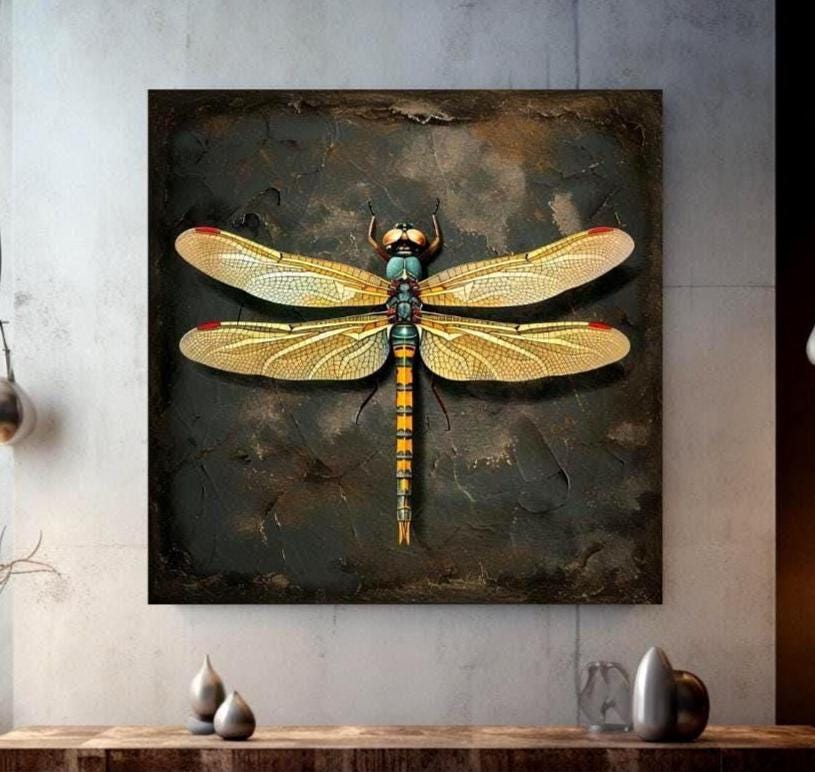 Vintage Dragonfly Canvas Wall Art, Garden Dragonfly Painting, Dragonfly Art Ready to Hang Home Decor, Dragonfly Gift