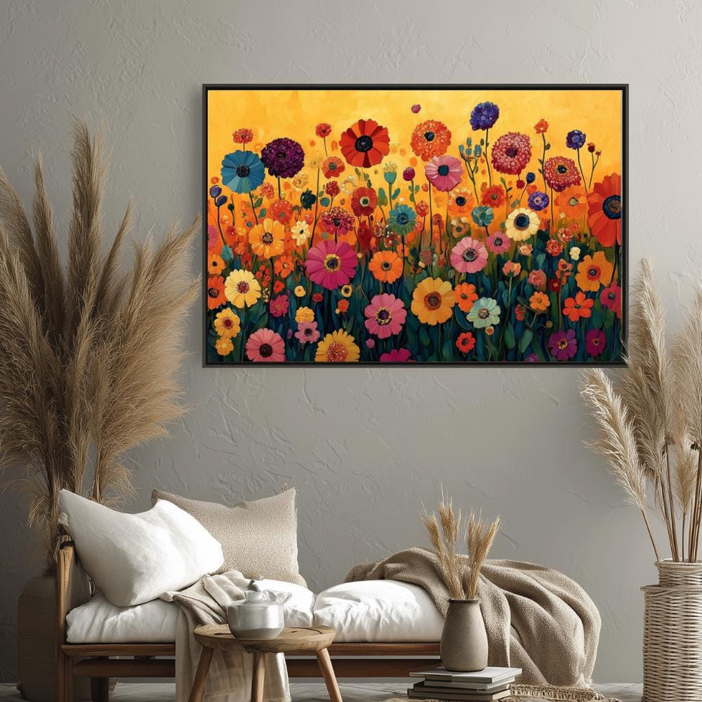 Wildflower Meadow Wall Art, Vibrant Floral Landscape Print, Cottage Garden Framed Canvas, Nature Farmhouse Decor, Botanical Home Accent
