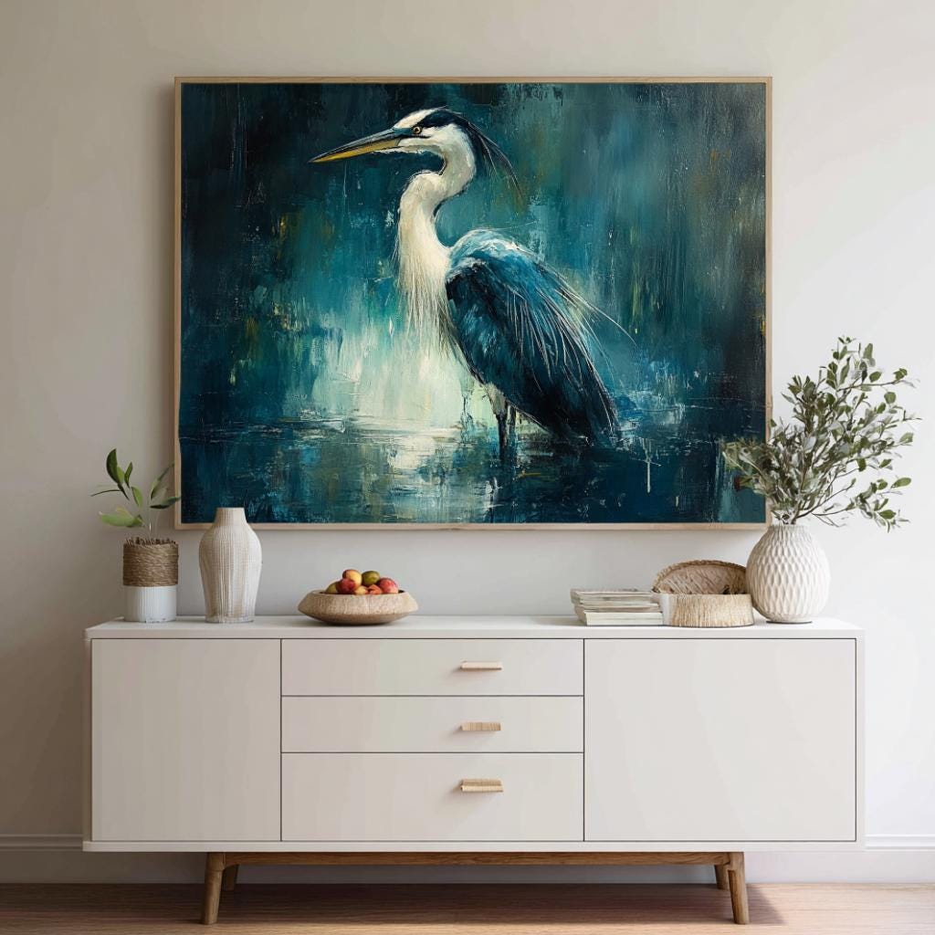 Moody Heron Wall Art, Water Bird Framed Canvas, Coastal Wetlands Landscape Print, Abstract Blue Modern Home Decor, Heron Lover Gift