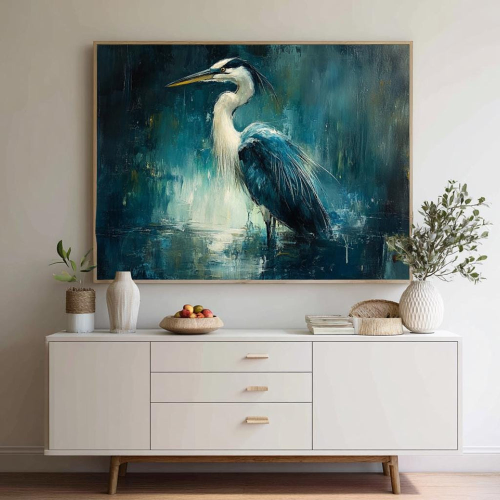 Moody Heron Wall Art, Water Bird Framed Canvas, Coastal Wetlands Landscape Print, Abstract Blue Modern Home Decor, Heron Lover Gift