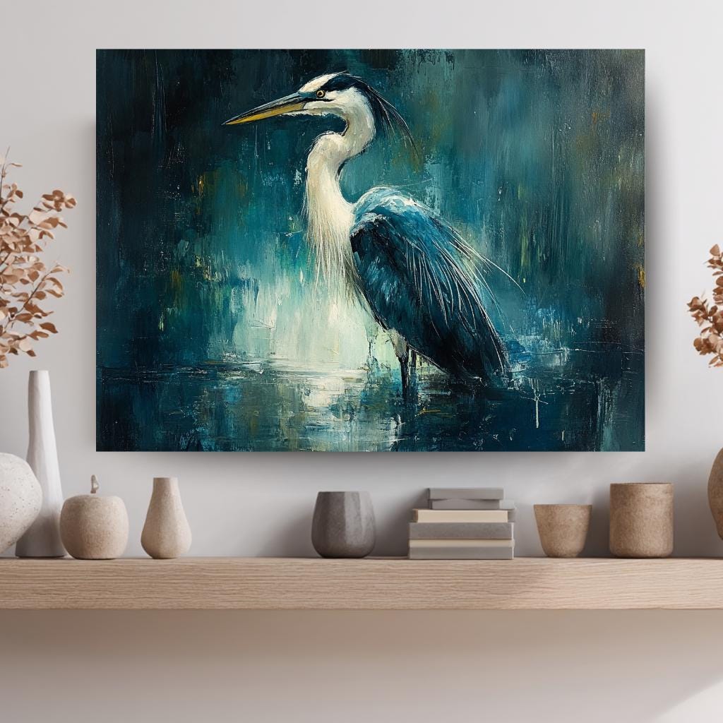 Moody Heron Wall Art, Water Bird Framed Canvas, Coastal Wetlands Landscape Print, Abstract Blue Modern Home Decor, Heron Lover Gift