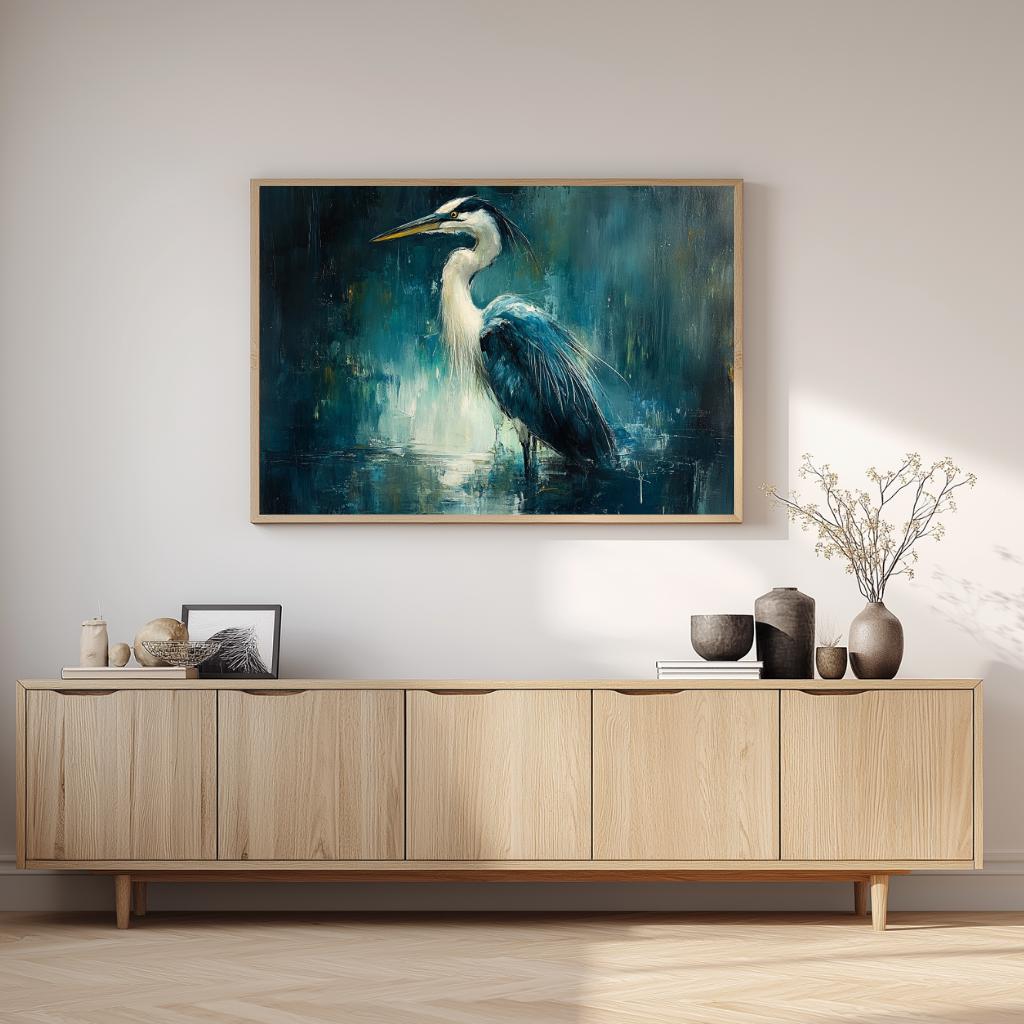 Moody Heron Wall Art, Water Bird Framed Canvas, Coastal Wetlands Landscape Print, Abstract Blue Modern Home Decor, Heron Lover Gift