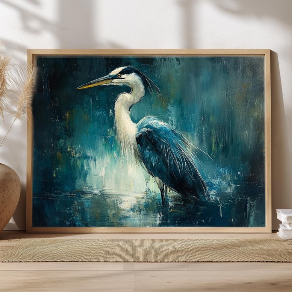 Moody Heron Wall Art, Water Bird Framed Canvas, Coastal Wetlands Landscape Print, Abstract Blue Modern Home Decor, Heron Lover Gift