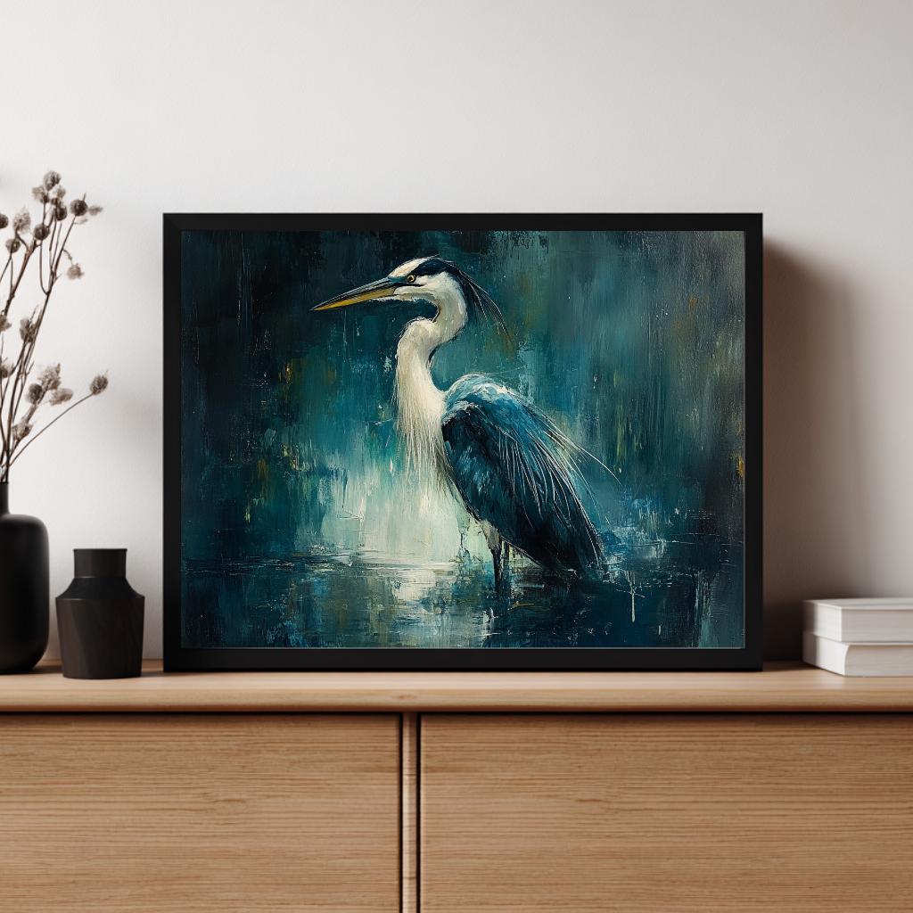 Moody Heron Wall Art, Water Bird Framed Canvas, Coastal Wetlands Landscape Print, Abstract Blue Modern Home Decor, Heron Lover Gift